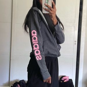 Adidas's charcoal gray and pink zip up hoodie size medium in women’s